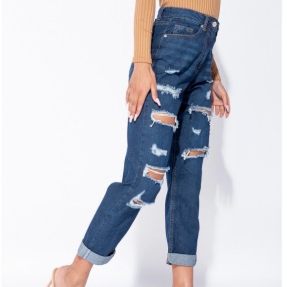 Blue High Waist Ripped Distressed Cuffed Boyfriend Jeans Denim Pants - Picture 4 of 13